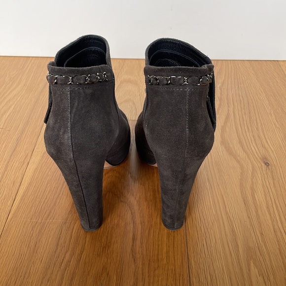 CHANEL CHAIN-TRIM ANKLE BOOTS DARK GRAY GLITTER SUEDE HIGH HEEL - Picture 4 of 7